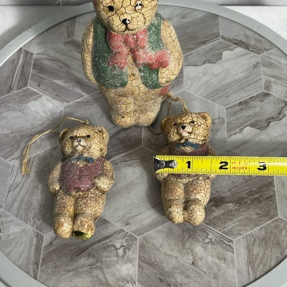 Vintage Crackle Teddy Bear Figurines Set of 3 Rustic Christmas Decor